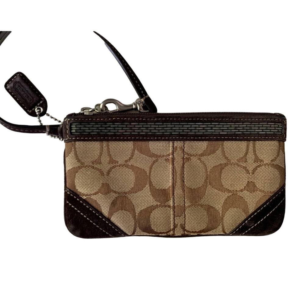 Y2K Coach Signature Fabric Wristlet Brown Beaded Detail